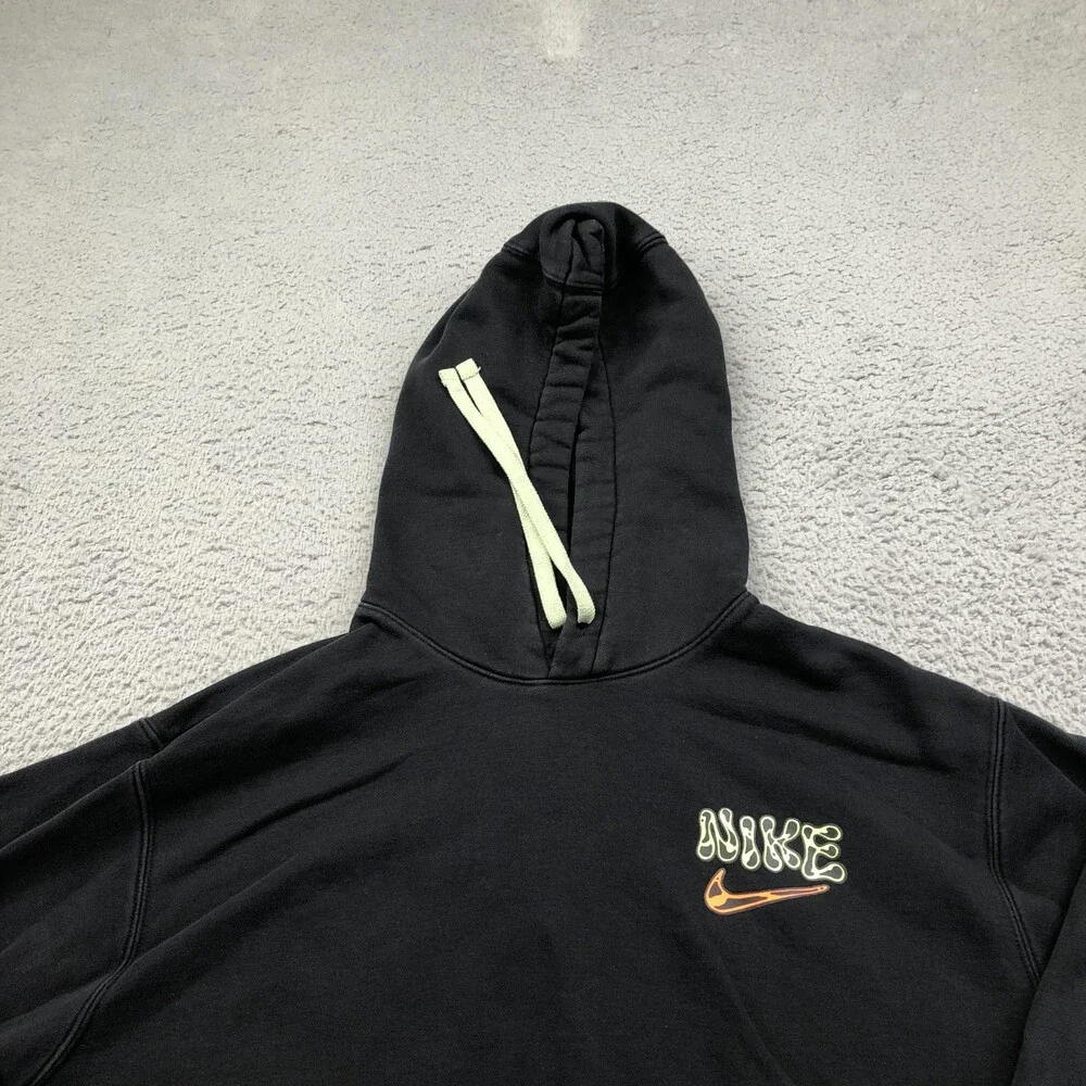 Nike Hoodie Mens Large Black Pullover Fleece Sweatshirt Smiley Logo Back Graphic